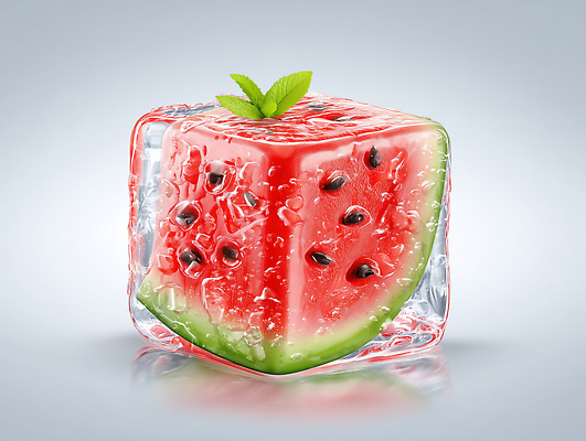 JPG 편집이미지 잎 과일 사람없음 빨간색 얼음 물방울 수분 시원함 큐브 수박조각 얼림 편집실사 AI컴퓨터그래픽 AI콘텐츠 자연요소 식물 컬러 조각 컨셉 수박 CG 파일형식