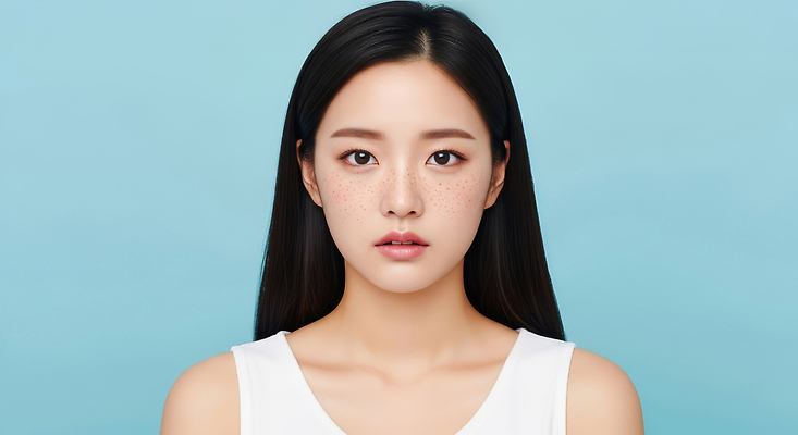 JPG 모델 편집이미지 여자 패션 하늘색 한명 상반신 성인 분위기 우아함 피부관리 주근깨 의료성형뷰티 성인여자한명만 편집실사 AI인물포토 AI콘텐츠 1 컨셉 사람 파란색 뷰티 점 CG 여자한명만 성인여자만 파일형식 AI포토
