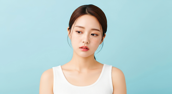 JPG 편집이미지 여자 여유 하늘색 한명 상반신 성인 피부 피부관리 주근깨 산뜻 의료성형뷰티 성인여자한명만 편집실사 AI인물포토 AI콘텐츠 1 감정 컨셉 사람 신체부위 파란색 뷰티 점 CG 여자한명만 성인여자만 파일형식 AI포토