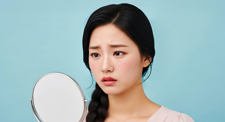 JPG 편집이미지 여자 하늘색 한명 상반신 성인 거울 찡그림 피부 고민 걱정 피부관리 의료성형뷰티 성인여자한명만 편집실사 AI인물포토 AI콘텐츠 1 감정 표정 사람 신체부위 파란색 뷰티 CG 여자한명만 성인여자만 파일형식 AI포토