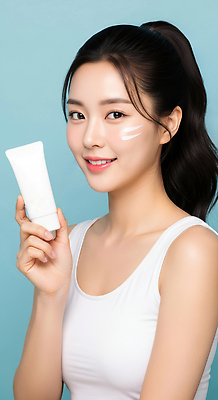 JPG 편집이미지 여자 패션 하늘색 한명 미소 상반신 성인 화장품 촉촉함 피부 크림 피부관리 스킨케어 의료성형뷰티 성인여자한명만 편집실사 AI인물포토 AI콘텐츠 1 표정 사람 신체부위 파란색 뷰티 젖음 CG 여자한명만 성인여자만 파일형식 AI포토