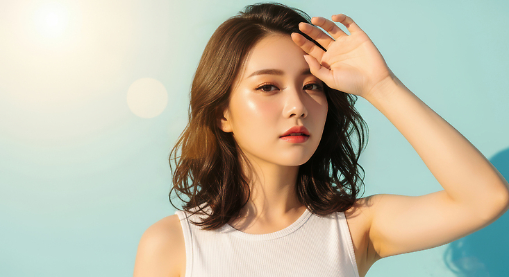 JPG 편집이미지 여자 패션 하늘색 한명 상반신 성인 햇빛 우아함 피부관리 보케 의료성형뷰티 성인여자한명만 편집실사 AI인물포토 AI콘텐츠 1 컨셉 사람 파란색 태양 뷰티 CG 여자한명만 성인여자만 파일형식 AI포토