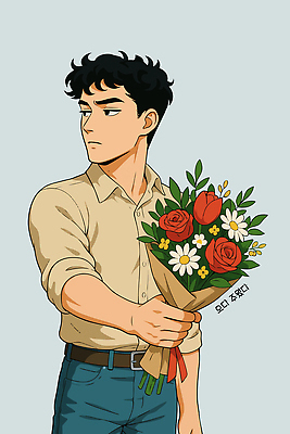 남자 꽃다발 일러스트 사랑 한명 들기 자신감 무관심 주기 예민 국내일러스트 AI파일 1 꽃 감정 모션 사람 파일형식 벡터