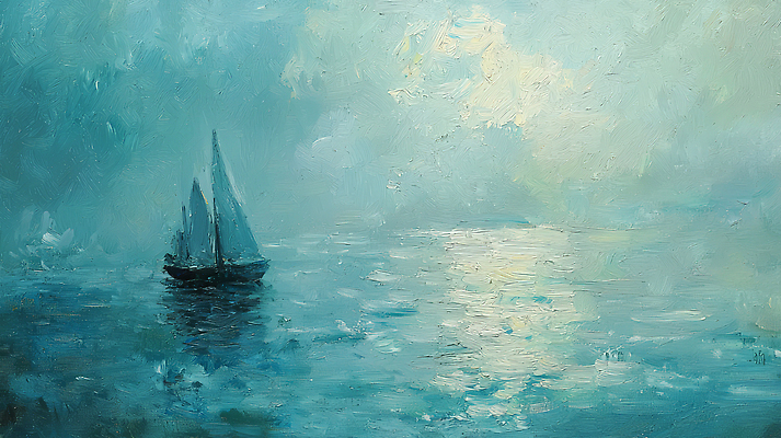 JPG 편집이미지 물결 바다 하늘 항해 사람없음 고요 회색 수면 돛단배 유화 풍경화 차분 편집실사 AI포토 AI콘텐츠 컬러 컨셉 배_교통 미술 물 CG 그림 파일형식