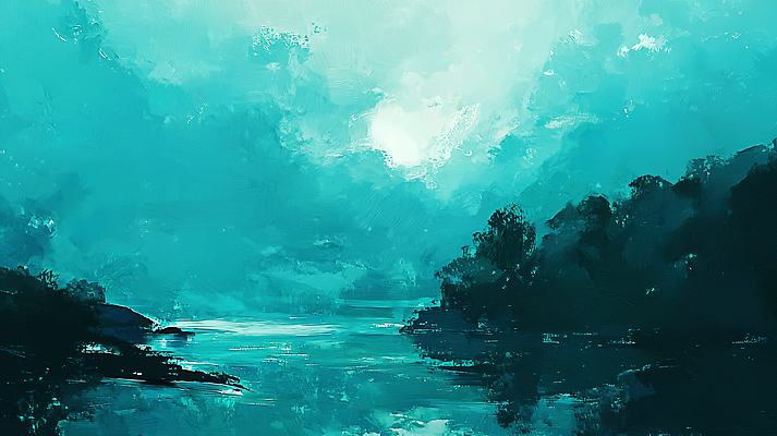 JPG 구름 편집이미지 호수 예술 하늘 사람없음 물 반사 고요 수면 숲 민트색 유화 풍경화 편집실사 AI포토 AI콘텐츠 자연요소 컬러 미술 CG 그림 파일형식