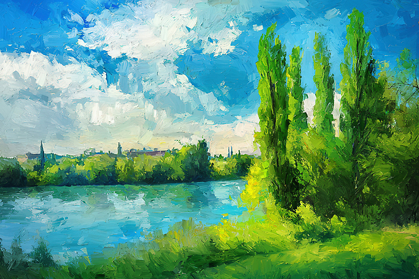 JPG 나무 편집이미지 호수 하늘 풍경 사람없음 초록색 물 평화 고요 숲 상쾌 유화 풍경화 편집실사 AI포토 AI콘텐츠 자연요소 식물 감정 컬러 컨셉 미술 CG 그림 파일형식