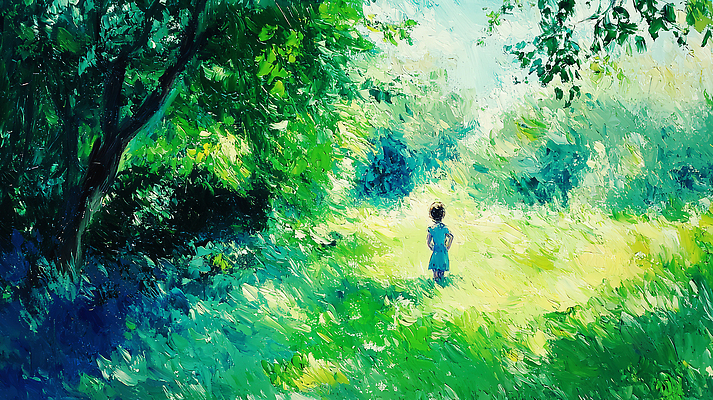 JPG 나무 편집이미지 여자 행복 어린이 한명 잔디 초원 초록색 햇빛 평화 유화 풍경화 편집실사 AI포토 AI콘텐츠 식물 1 감정 컬러 컨셉 미술 사람 태양 CG 그림 파일형식