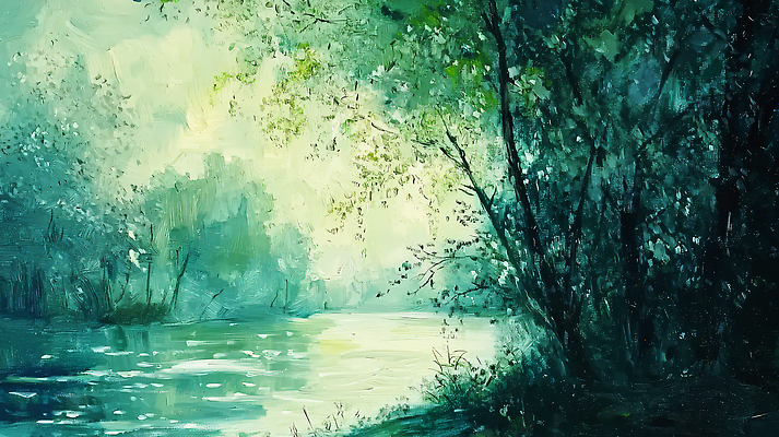 JPG 나무 편집이미지 휴식 사람없음 초록색 물 빛 평화 분위기 숲 강가 유화 풍경화 편집실사 AI포토 AI콘텐츠 자연요소 식물 컬러 컨셉 미술 강 CG 그림 파일형식