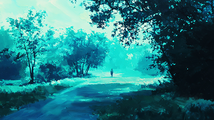 JPG 나무 편집이미지 여유 하늘 한명 사람 평화 고요 산책로 숲 민트색 유화 풍경화 편집실사 AI포토 AI콘텐츠 식물 1 감정 길 컬러 컨셉 미술 CG 그림 파일형식