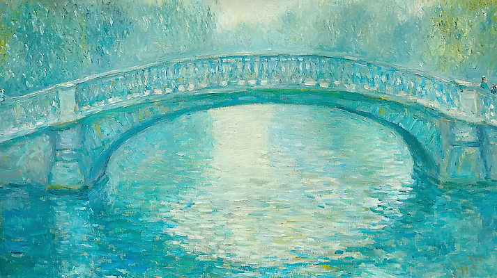 JPG 편집이미지 여유 예술 하늘색 풍경 사람없음 반사 고요 수면 유화 풍경화 가교 편집실사 AI포토 AI콘텐츠 건축물 감정 미술 물 파란색 CG 그림 파일형식