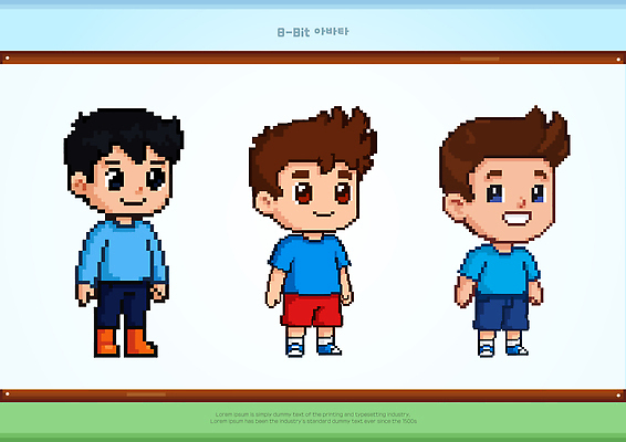 전신 캐릭터 남자 어린이 일러스트 미소 웃음 세명 파란색 귀여움 비트맵 픽셀 아바타 일러캐릭터 AI파일 컬러 컨셉 표정 사람 파일형식 벡터
