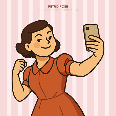 원피스 여자 포즈 일러스트 한명 웃음 들기 상반신 스마트폰 주황색 빈티지 셀프카메라 즐거움 복고 국내일러스트 AI파일 1 옷 감정 컬러 컨셉 모션 표정 사람 핸드폰 스마트기기 사진촬영 파일형식 벡터