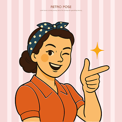 여자 일러스트 윙크 한명 상반신 반짝임 주황색 가리킴 머리띠 자신감 즐거움 복고 국내일러스트 AI파일 1 감정 컬러 장신구 모션 표정 사람 손짓 파일형식 벡터
