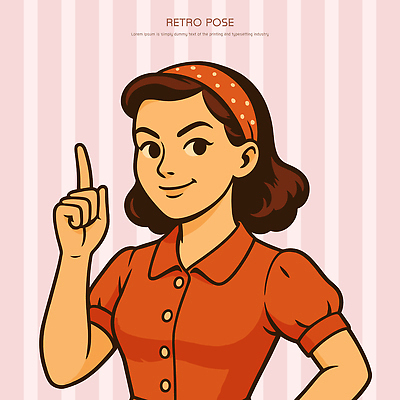 여자 일러스트 한명 미소 상반신 주황색 머리띠 빈티지 자신감 복고 국내일러스트 AI파일 1 감정 컬러 컨셉 장신구 표정 사람 파일형식 벡터
