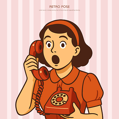 여자 일러스트 한명 상반신 주황색 놀람 머리띠 빈티지 추억 전화기 복고 통화 국내일러스트 AI파일 1 감정 컬러 컨셉 장신구 모션 표정 사람 파일형식 벡터