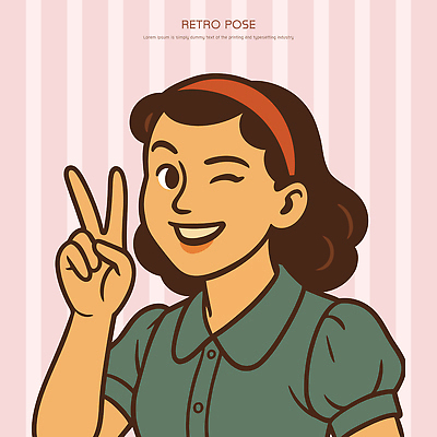 여자 행복 일러스트 한명 상반신 초록색 청춘 귀여움 머리띠 빈티지 복고 브이 국내일러스트 AI파일 1 감정 컬러 컨셉 장신구 사람 손짓 파일형식 벡터