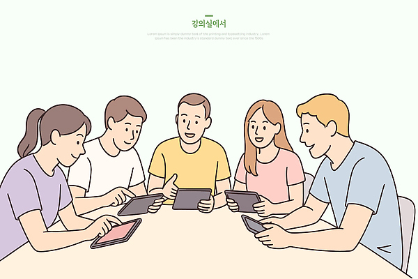 여자 남자 일러스트 탁자 커뮤니케이션 대화 웃음 여러명 친구 태블릿 강의실 즐거움 국내일러스트 AI파일 교육 감정 가구 다수 관계 표정 말하기 사람 전자제품 스마트기기 공간 파일형식 벡터