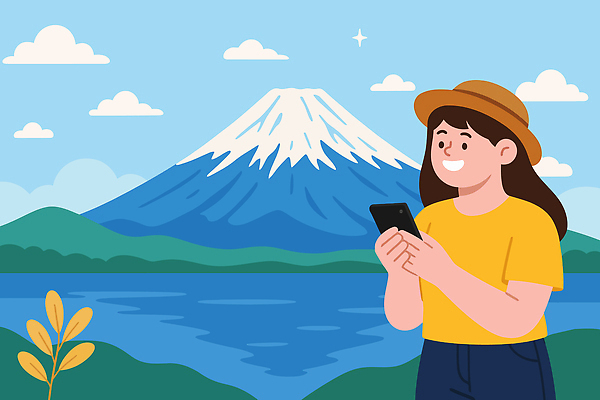여자 호수 여유 여행 일러스트 하늘 한명 스마트폰 후지산 경관 국내일러스트 AI파일 1 감정 산 사람 풍경 핸드폰 스마트기기 일본 세계문화유산 파일형식 벡터