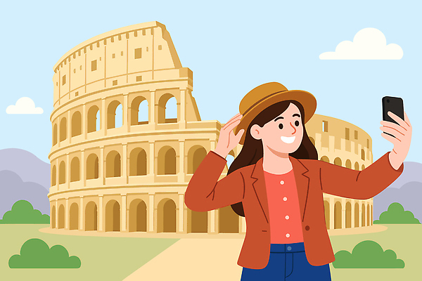 모자 해외 건축물 여자 기념일 여행 일러스트 하늘 한명 관광지 셀프카메라 즐거움 콜로세움 경관 국내일러스트 AI파일 1 잡화 건축 감정 사람 풍경 이벤트 사진촬영 로마 파일형식 벡터