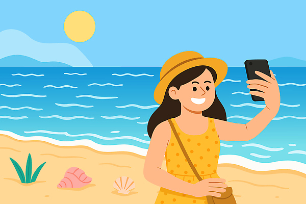 여자 행복 여행 일러스트 하늘 휴가 한명 들기 해변 야외 모래사장 조개껍데기 셀프카메라 즐거움 경관 국내일러스트 AI파일 1 감정 바다 모션 조개 사람 풍경 사진촬영 파일형식 벡터