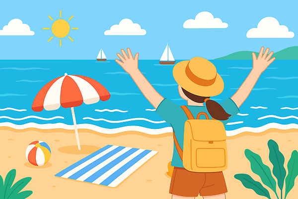 모자 여자 수영복 파도 바다 여행 일러스트 하늘 바람 한명 해변 모래사장 만세 매트 파라솔 돛단배 비치볼 즐거움 경관 국내일러스트 AI파일 자연요소 1 잡화 옷 감정 배_교통 공 모션 날씨 바캉스용품 사람 풍경 파일형식 벡터