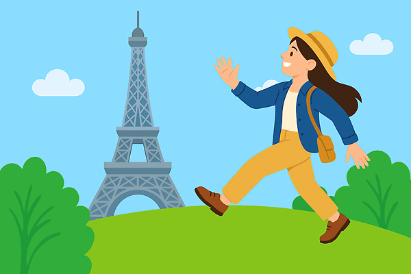 모자 여자 행복 여행 일러스트 하늘 한명 웃음 야외 에펠탑 즐거움 경관 국내일러스트 AI파일 1 잡화 감정 표정 사람 풍경 파리 랜드마크 파일형식 벡터