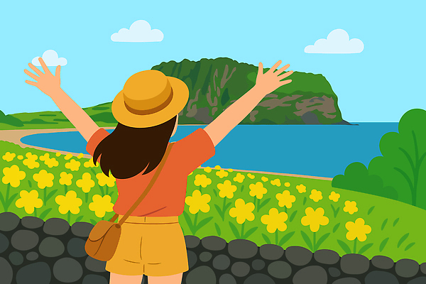여자 행복 바다 여행 꽃밭 일러스트 하늘 한명 만세 유채 성산일출봉 경관 국내일러스트 AI파일 1 꽃 감정 모션 사람 풍경 제주도 서귀포 파일형식 벡터