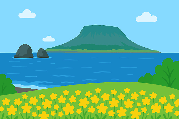 바다 섬 여행 일러스트 하늘 사람없음 야외 유채 한라산 경관 국내일러스트 AI파일 꽃 산 풍경 제주도 파일형식 벡터