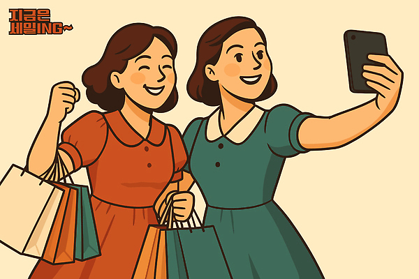 여자 행복 일러스트 웃음 들기 상반신 두명 친구 쇼핑 쇼핑백 세일 셀프카메라 즐거움 복고 베이지색 국내일러스트 AI파일 감정 컬러 가방 관계 모션 표정 사람 사진촬영 파일형식 벡터