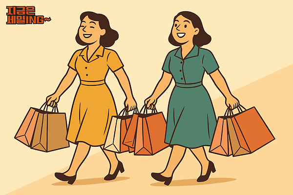 전신 여자 행복 일러스트 웃음 들기 두명 쇼핑 쇼핑백 세일 즐거움 복고 베이지색 국내일러스트 AI파일 감정 컬러 가방 모션 표정 사람 파일형식 벡터