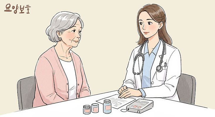 PSD 여자 노년 일러스트 건강 관리 상반신 두명 치료 진료 환자 의사 약병 상담 처방 요양원 노인요양 국내일러스트 의학 사람 성인 약 의료진 요양 병_담는 파일형식