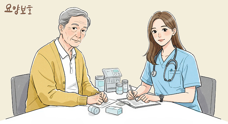 PSD 여자 노년 남자 일러스트 건강 상반신 두명 치료 약 진료 환자 간호사 의사 전문직 상담 요양원 노인요양 상담실 국내일러스트 직업 의학 사람 성인 의료진 요양 파일형식