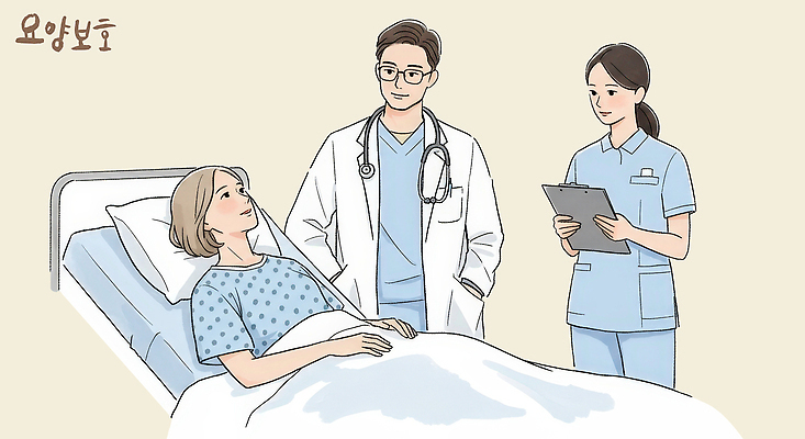 PSD 여자 노년 남자 일러스트 건강 병원 들기 치료 세명 눕기 진료 환자 간호사 의사 상담 요양원 노인요양 병원침대 서류판 회복 국내일러스트 컨셉 의학 모션 사람 성인 사무용품 의료진 침대 요양 파일형식