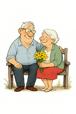 JPG 여자 노년 남자 행복 꽃다발 벤치 일러스트 따뜻함 사랑 웃음 앉기 두명 평화 노부부 화목 우정 국내일러스트 AI일러스트 AI콘텐츠 부부 꽃 감정 컨셉 의자 모션 표정 사람 성인 친구 파일형식