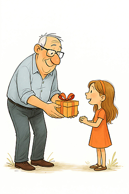 JPG 여자 할아버지 노년 남자 행복 어린이 일러스트 손녀 선물 사랑 두명 화목 기쁨 주기 조부모 국내일러스트 AI일러스트 AI콘텐츠 감정 컨셉 가족 모션 사람 성인 손주 파일형식