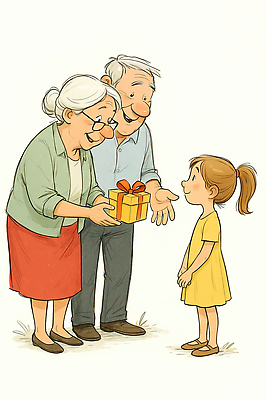 JPG 여자 할아버지 노년 남자 행복 할머니 어린이 일러스트 손녀 따뜻함 선물 사랑 웃음 노부부 화목 기쁨 추억 주기 조부모 국내일러스트 AI일러스트 AI콘텐츠 부부 감정 컨셉 가족 모션 표정 사람 성인 손주 파일형식