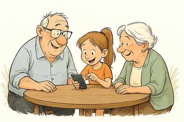 JPG 여자 노년 남자 행복 어린이 일러스트 손녀 따뜻함 웃음 스마트폰 노부부 화목 즐거움 조부모 국내일러스트 AI일러스트 AI콘텐츠 부부 감정 컨셉 가족 표정 사람 성인 핸드폰 스마트기기 손주 파일형식
