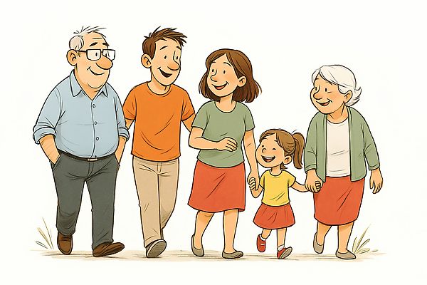 JPG 여자 할아버지 노년 남자 딸 행복 할머니 어린이 일러스트 엄마 손녀 사랑 웃음 손잡기 노부부 화목 기쁨 아빠 국내일러스트 AI일러스트 AI콘텐츠 부부 감정 컨셉 가족 모션 표정 사람 성인 손주 파일형식