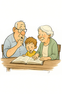 JPG 여자 교육 할아버지 노년 남자 행복 할머니 일러스트 손자 사랑 웃음 소년 책 학습 노부부 화목 추억 읽기 즐거움 조부모 국내일러스트 AI일러스트 AI콘텐츠 부부 감정 어린이 컨셉 가족 모션 표정 사람 성인 손주 파일형식