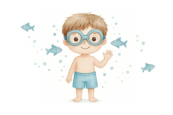 전신 PSD 남자 수영복 어린이 일러스트 물놀이 한명 미소 소년 여름 수중 수영 물안경 즐거움 손인사 물고기떼 국내일러스트 1 옷 계절 감정 놀이 표정 어류 사람 수상스포츠 인사 수영용품 파일형식