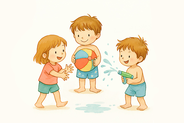 전신 PSD 여자 남자 어린이 일러스트 장난 가족 물놀이 미소 웃음 세명 여름 귀여움 수영 비치볼 발사 즐거움 물총 국내일러스트 계절 감정 컨셉 공 관계 놀이 바캉스용품 표정 사람 수상스포츠 파일형식