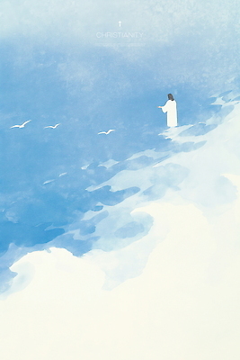 PSD 남자 기독교 종교 일러스트 자연 수채화 한명 해변 파란색 평화 예수 새떼 국내일러스트 1 바다 컬러 컨셉 조류 사람 신_종교 생태계 파일형식