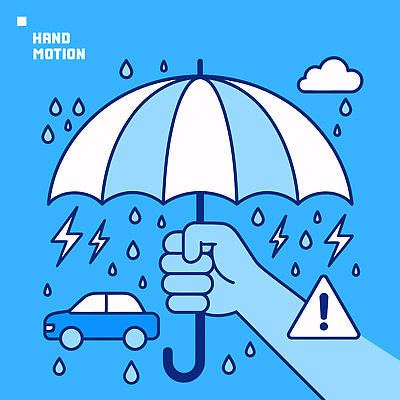 손 일러스트 우산 자동차 경고 들기 안전 신체부위 파란색 비 보호 번개 국내일러스트 AI파일 자연요소 육상교통 컬러 컨셉 모션 날씨 사람 파일형식 벡터