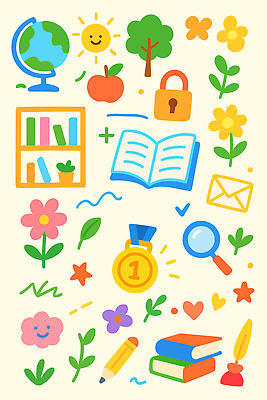 나무 꽃 일러스트 돋보기 편지봉투 책장 자물쇠 사람없음 책 태양 연필 지구본 사과 메달 오브젝트 깃펜 국내일러스트 AI파일 자연요소 식물 가구 과일 학용품 봉투 필기구 편지 상_상패 파일형식 벡터