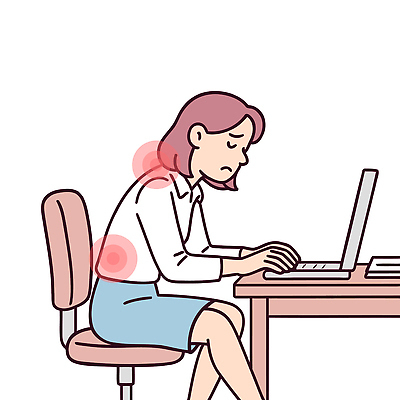 여자 의자 일러스트 건강 피곤 한명 앉기 일상 노트북 사무실 눈감음 고통 업무 비즈니스우먼 집중 허리 책상 목 목디스크 허리디스크 거북목증후군 국내일러스트 AI파일 1 감정 가구 컨셉 비즈니스 모션 사람 라이프 신체부위 전자제품 디스크_질병 작업 직장인 질병 파일형식 벡터