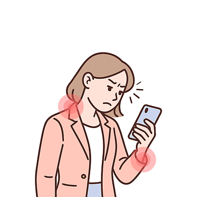 여자 일러스트 스트레스 한명 들기 일상 스마트폰 비즈니스우먼 손목 목 목디스크 손목터널증후군 손목통증 불편함 거북목증후군 국내일러스트 AI파일 1 비즈니스 모션 사람 라이프 신체부위 핸드폰 스마트기기 고통 직장인 감각 질병 파일형식 벡터