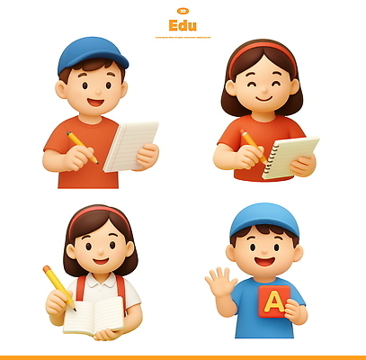 PSD 편집이미지 학생 여자 남자 어린이 3D캐릭터 미소 들기 여러명 상반신 학습 연필 공책 기록 즐거움 과제 편집3D 캐릭터 교육 감정 다수 모션 문구용품 학용품 표정 사람 필기구 3D 파일형식