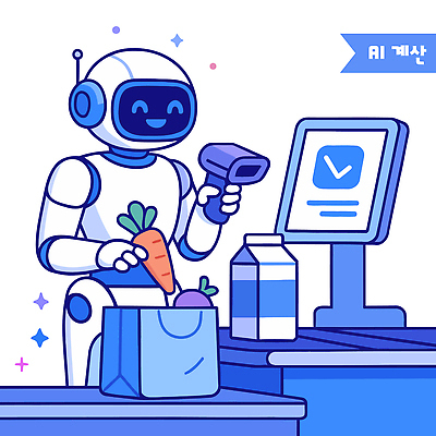 채소 일러스트 기술 사람없음 보라색 계산기 상품 계산대 장바구니 로봇 서비스 결제 마트 편리함 슈퍼마켓 스캔 자동화 AI_인공지능 국내일러스트 AI파일 컬러 컨셉 문구용품 쇼핑 바구니 상점 장비 파일형식 벡터