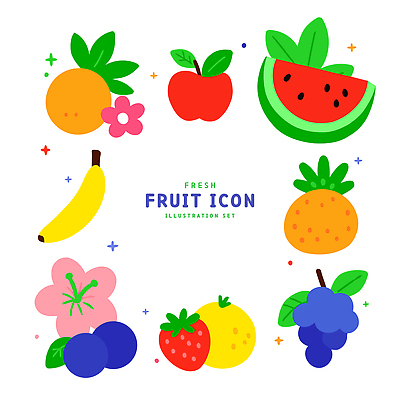 아이콘 딸기 포도 귤 바나나 사람없음 사과 수박조각 엘리먼트 히비스커스 2D아이콘 AI파일 꽃 조각 과일 수박 파일형식 벡터