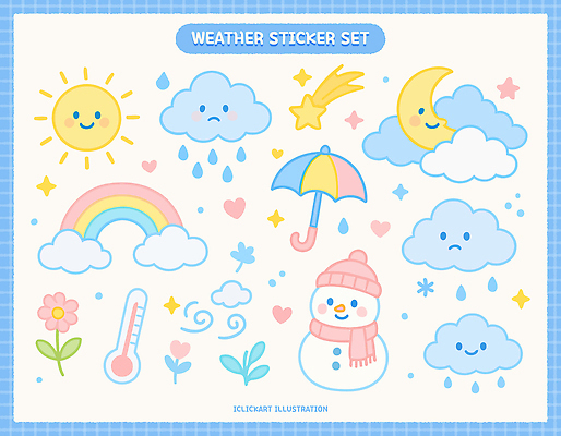 무지개 일러스트 우산 눈사람 눈꽃 사람없음 파란색 태양 비 온도계 초승달 유성 오브젝트 비구름 국내일러스트 AI파일 자연요소 컬러 날씨 눈_날씨 달 먹구름 파일형식 벡터 구름_자연